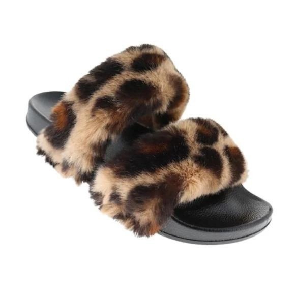 Leopard Faux Fur Sandals - Picture 1 of 2